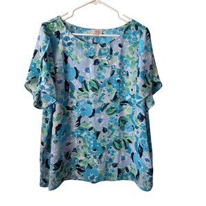LOFT Womens XL Floral Blue Green Tulip Flutter Sleeve Blouse Lightweight Office